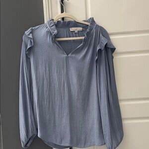 LOFT Dusty Blue Ruffle-Trim V-Neck Blouse